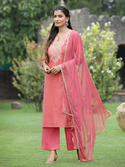 Pink Chanderi Festive Embroidered Placement Printed Straight Kurta Set