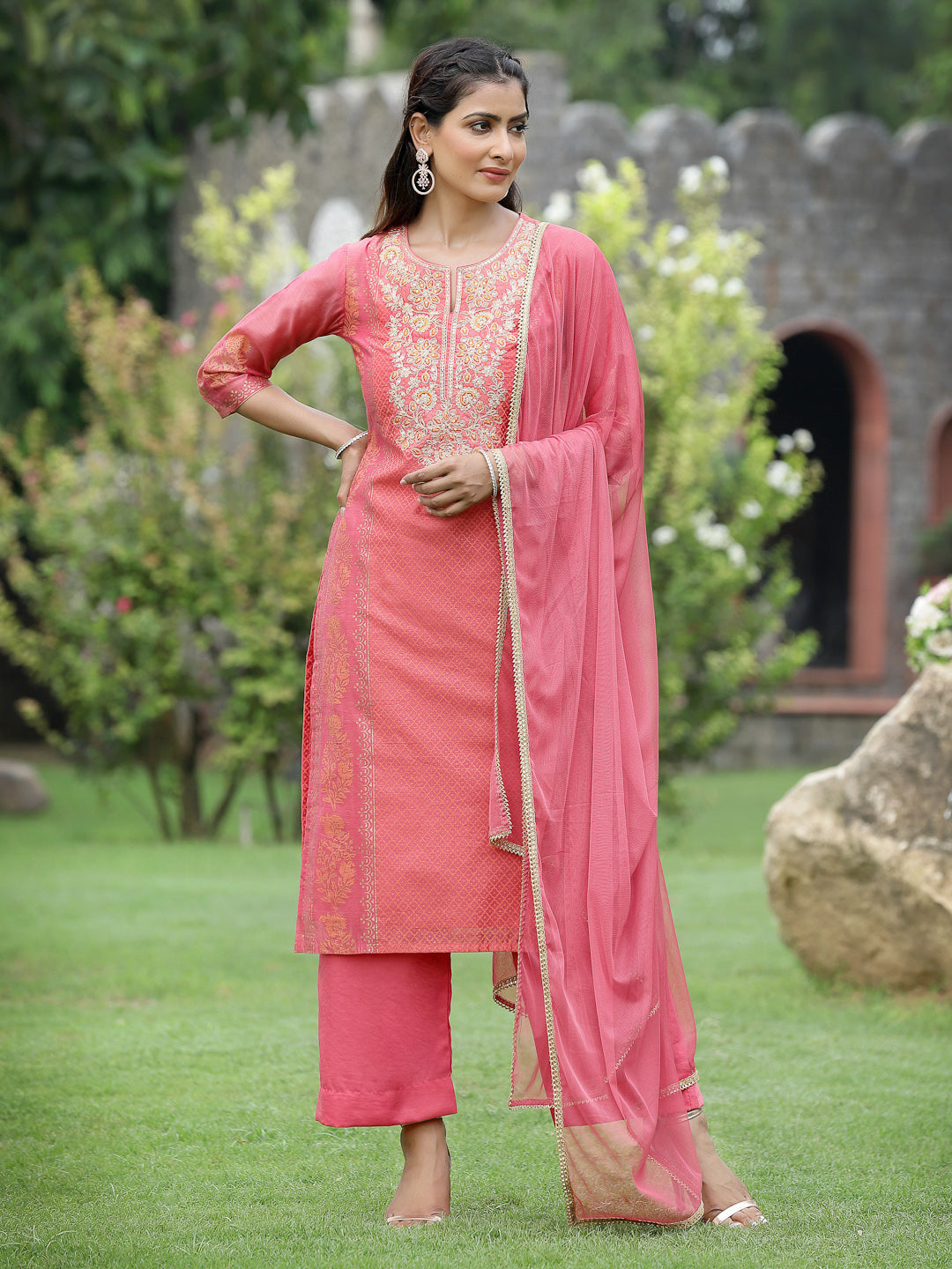 Pink Chanderi Festive Embroidered Placement Printed Straight Kurta Set