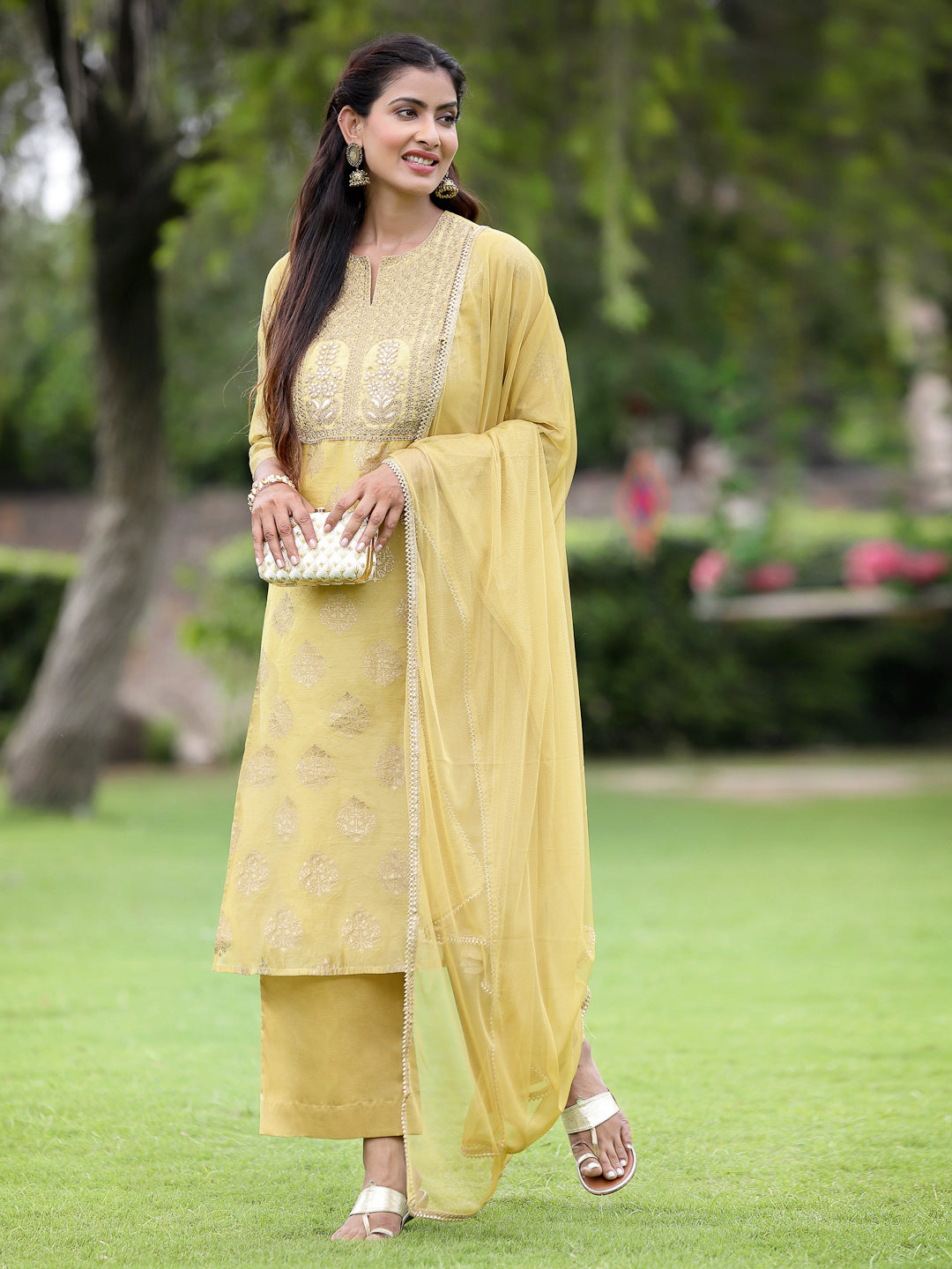 Mustard Chanderi Festive Embroidered Placement Printed A-line Kurta Set