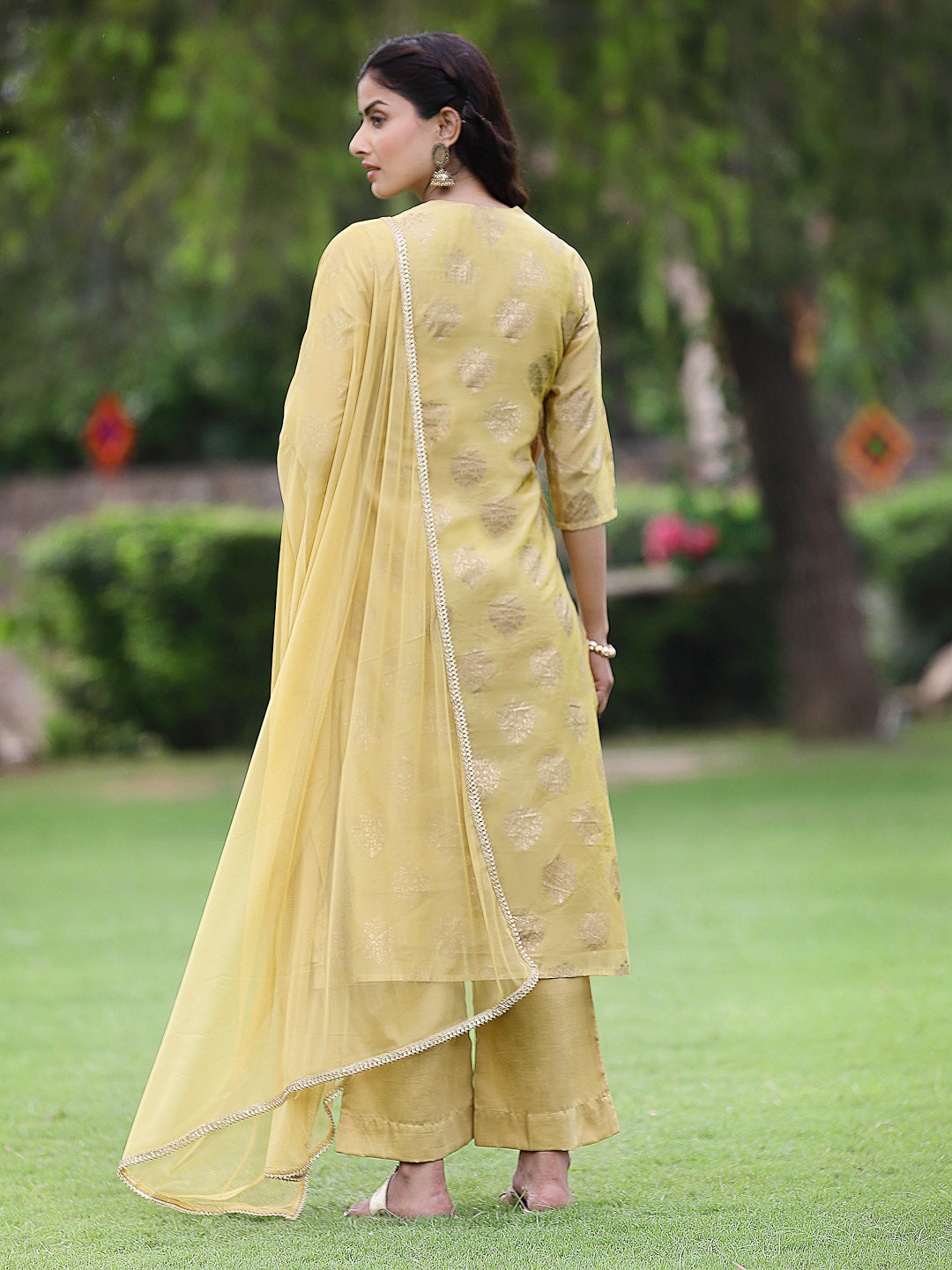 Mustard Chanderi Festive Embroidered Placement Printed A-line Kurta Set