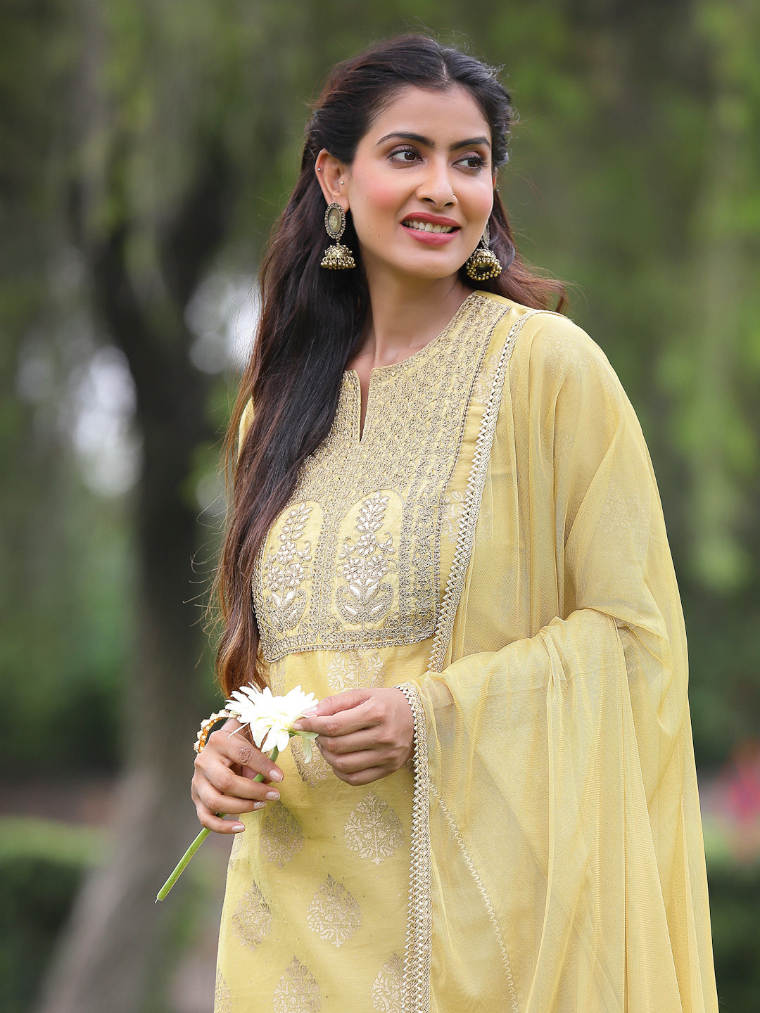 Mustard Chanderi Festive Embroidered Placement Printed A-line Kurta Set