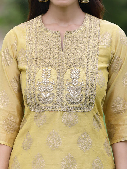 Mustard Chanderi Festive Embroidered Placement Printed A-line Kurta Set