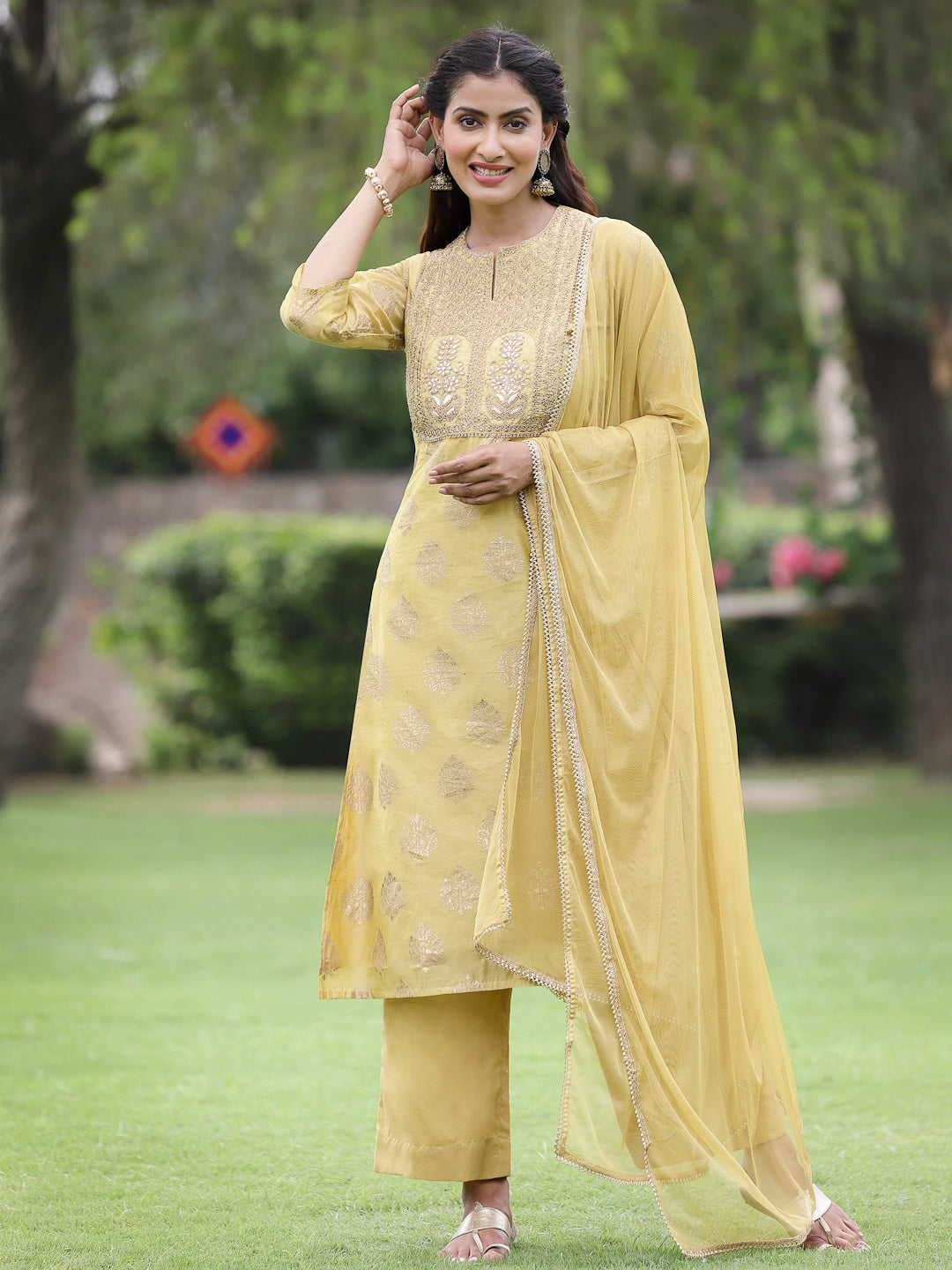 Mustard Chanderi Festive Embroidered Placement Printed A-line Kurta Set