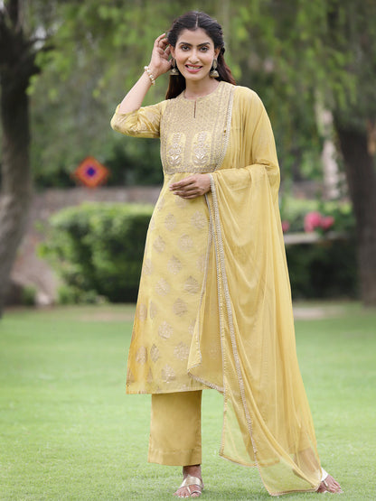 Mustard Chanderi Festive Embroidered Placement Printed A-line Kurta Set