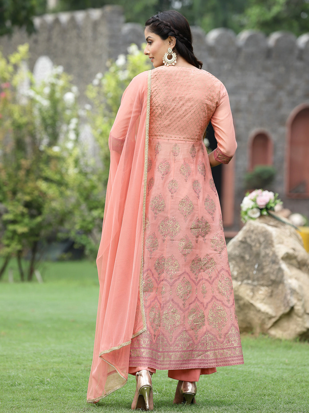 Peach Chanderi Festive Embroidered Floral Print Flared Kurta Set