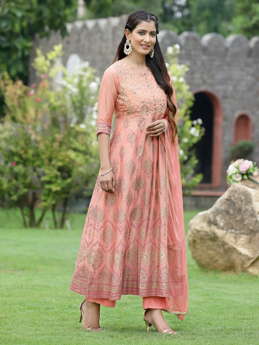 Peach Chanderi Festive Embroidered Floral Print Flared Kurta Set