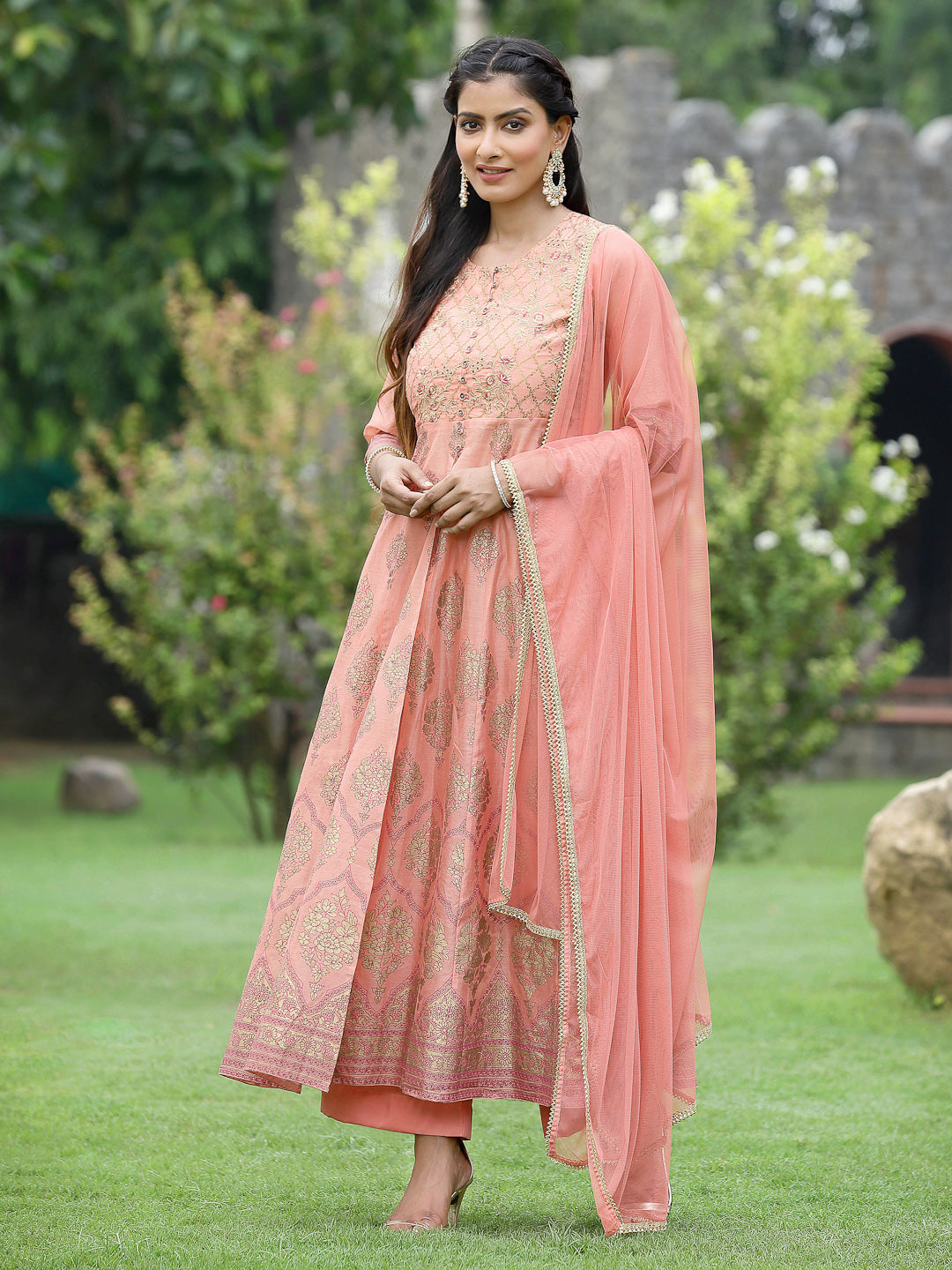Peach Chanderi Festive Embroidered Floral Print Flared Kurta Set