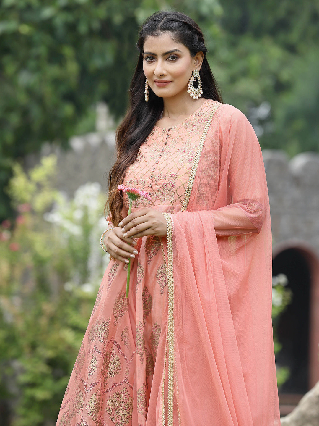 Peach Chanderi Festive Embroidered Floral Print Flared Kurta Set