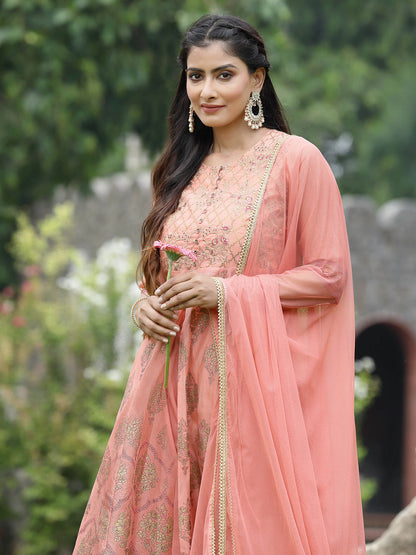 Peach Chanderi Festive Embroidered Floral Print Flared Kurta Set