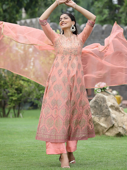 Peach Chanderi Festive Embroidered Floral Print Flared Kurta Set