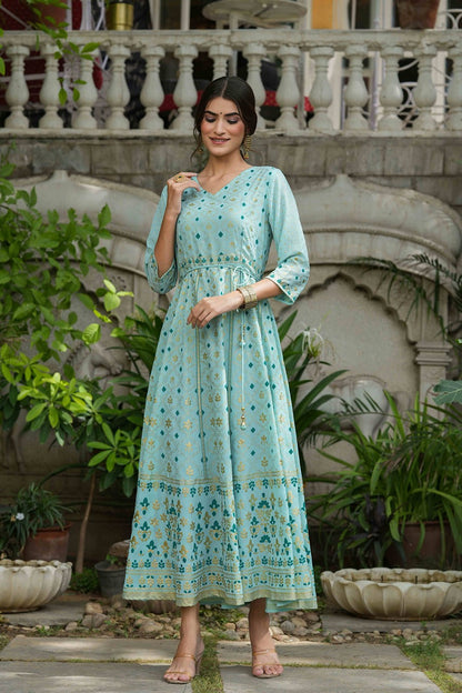 Sky Blue Georgette Festive Printed Flared Maxi