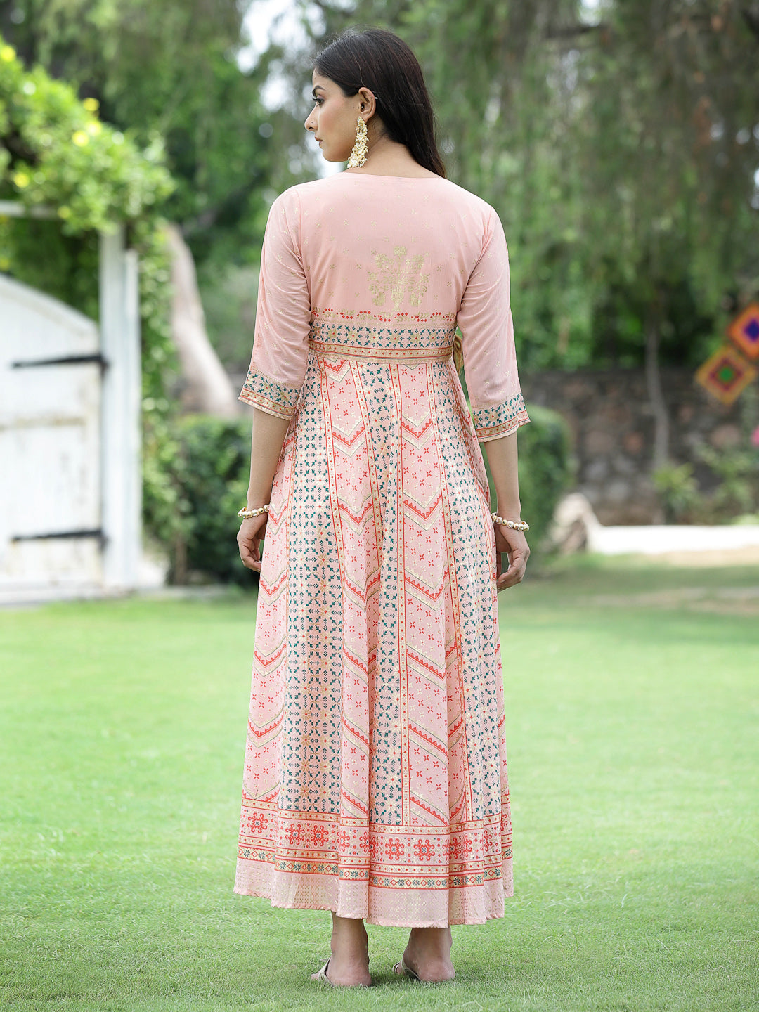 Peach Georgette Festive Printed Flared Maxi