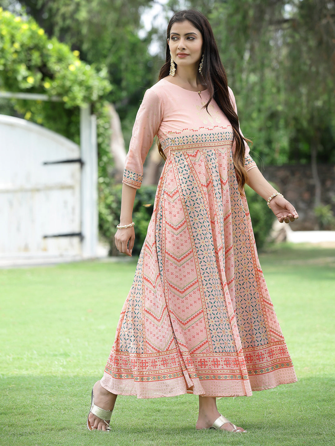 Peach Georgette Festive Printed Flared Maxi