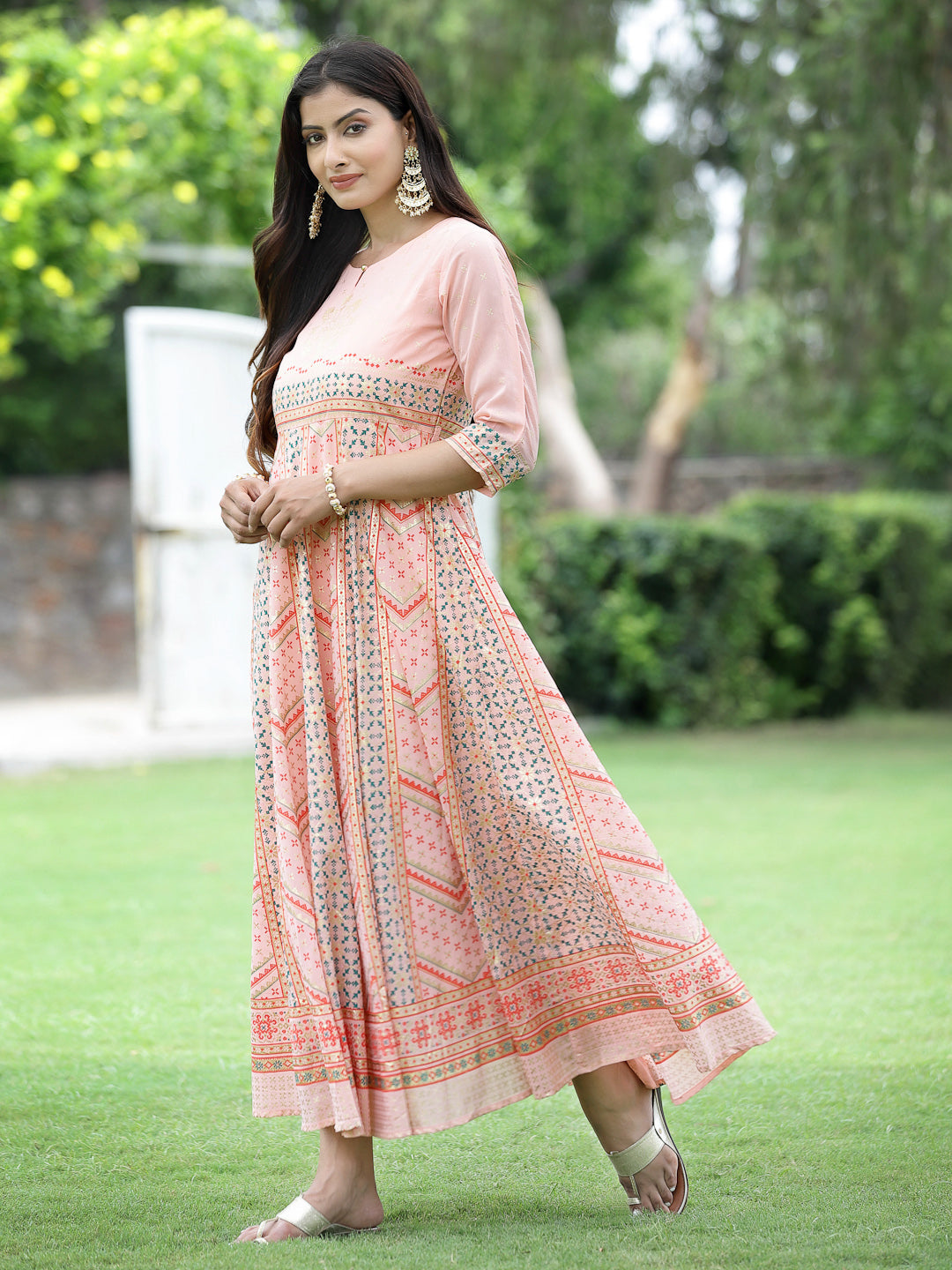 Peach Georgette Festive Printed Flared Maxi