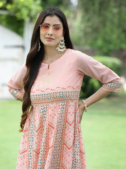 Peach Georgette Festive Printed Flared Maxi