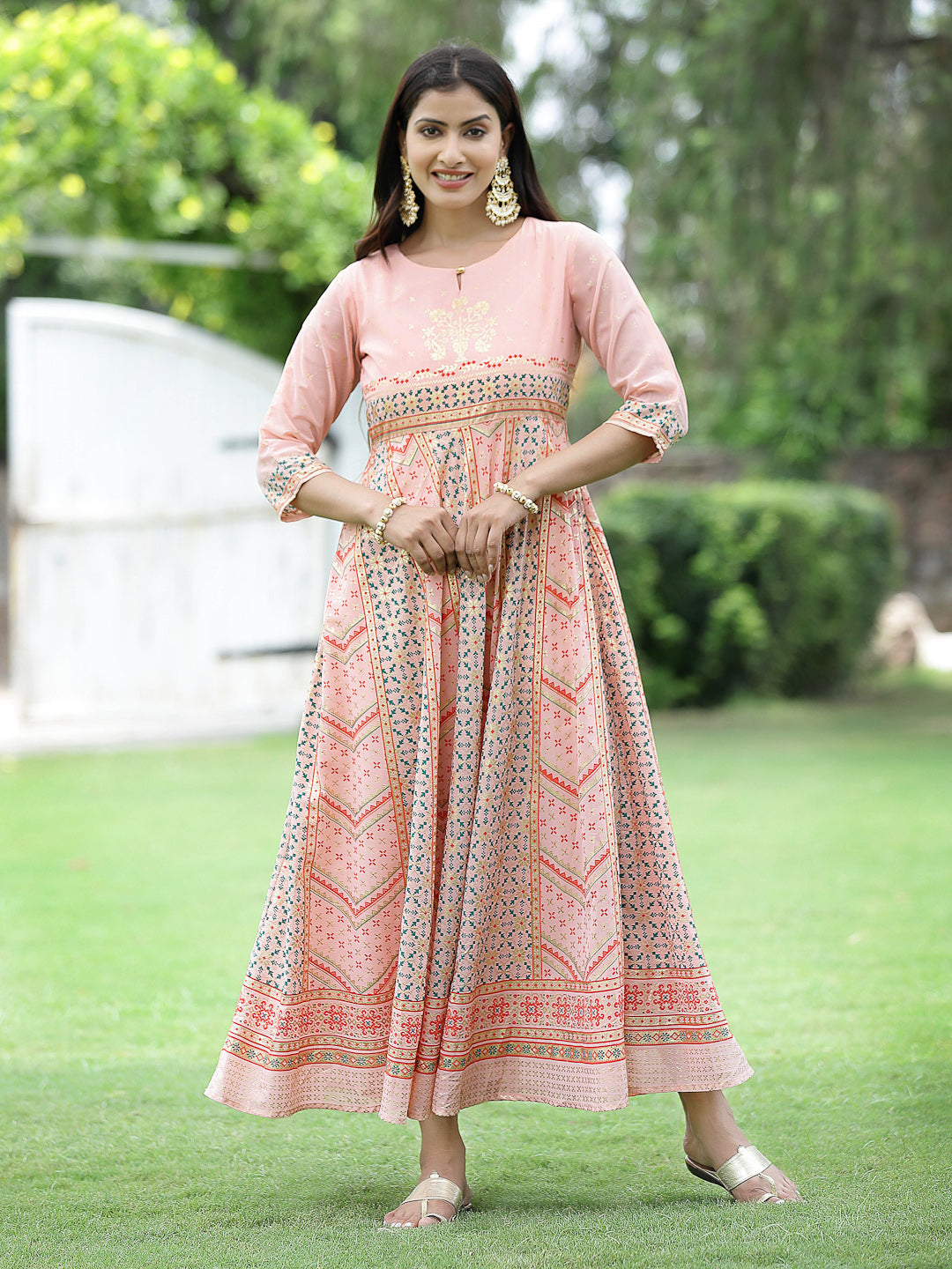Peach Georgette Festive Printed Flared Maxi