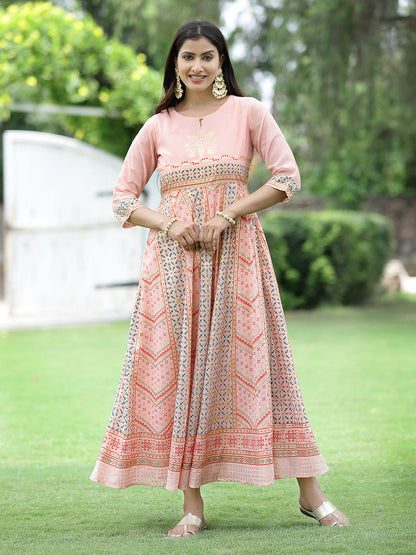 Peach Georgette Festive Printed Flared Maxi