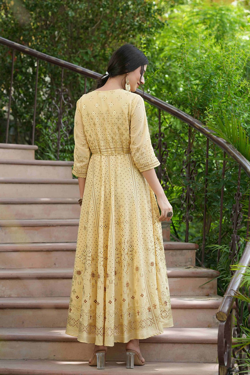 Light Yellow Georgette Festive Printed Flared Maxi