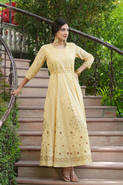 Light Yellow Georgette Festive Printed Flared Maxi