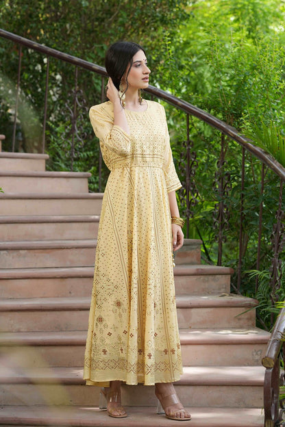 Light Yellow Georgette Festive Printed Flared Maxi