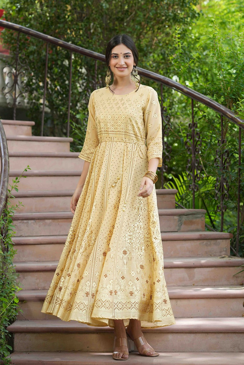 Light Yellow Georgette Festive Printed Flared Maxi