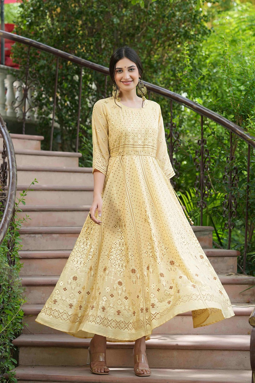 Light Yellow Georgette Festive Printed Flared Maxi