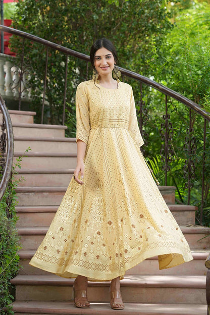 Light Yellow Georgette Festive Printed Flared Maxi