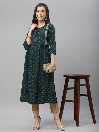 Green Rayon Festive Wear Embroidered Flared Kurta