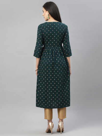 Green Rayon Festive Wear Embroidered Flared Kurta