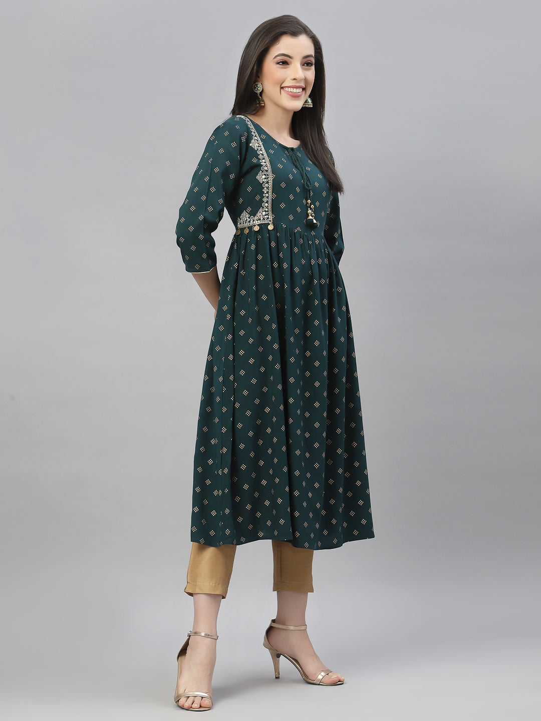 Green Rayon Festive Wear Embroidered Flared Kurta