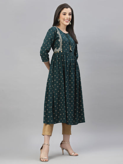 Green Rayon Festive Wear Embroidered Flared Kurta