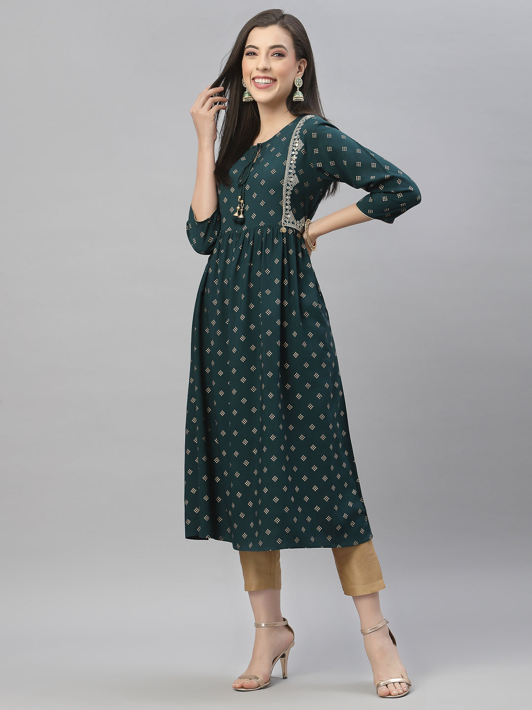 Green Rayon Festive Wear Embroidered Flared Kurta