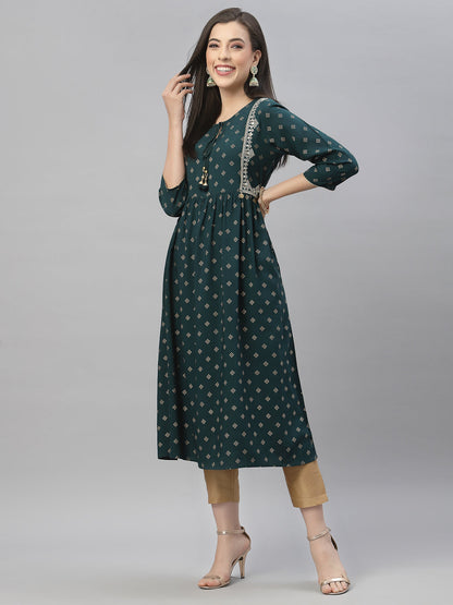 Green Rayon Festive Wear Embroidered Flared Kurta