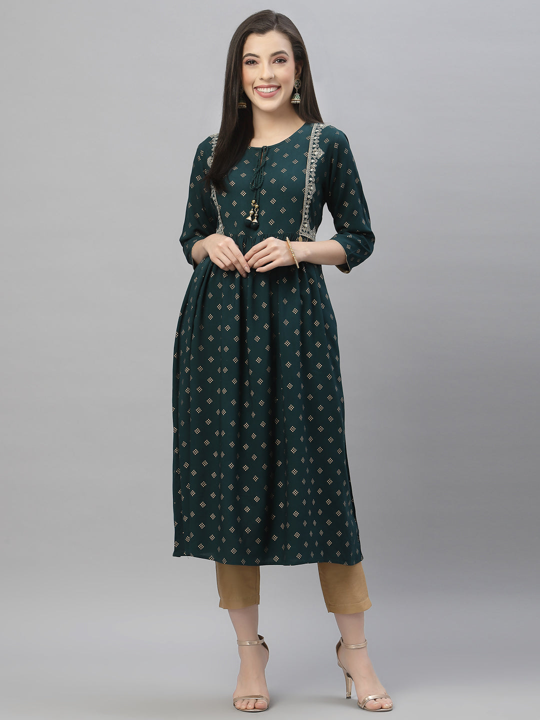 Green Rayon Festive Wear Embroidered Flared Kurta