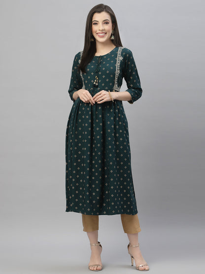 Green Rayon Festive Wear Embroidered Flared Kurta