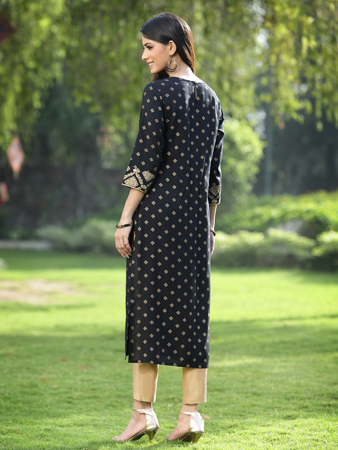 Black Rayon Festive Wear Embroidered Flared Kurta