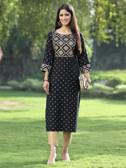 Black Rayon Festive Wear Embroidered Flared Kurta