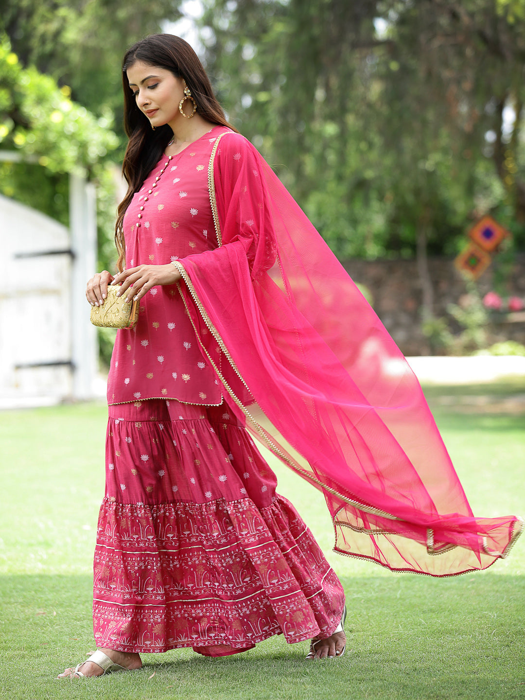 Fuchsia Mono Viscose Festive Embroidered Printed Straight Kurta Sharara Dupatta Set