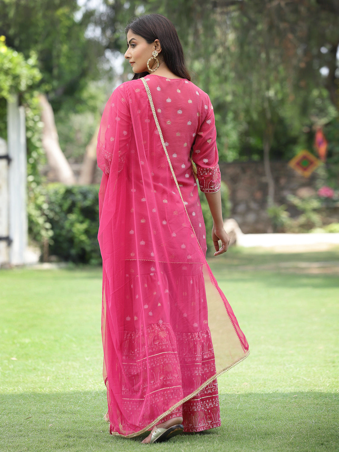 Fuchsia Mono Viscose Festive Embroidered Printed Straight Kurta Sharara Dupatta Set
