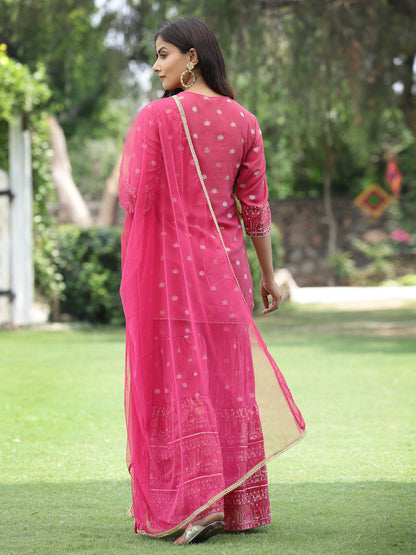 Fuchsia Mono Viscose Festive Embroidered Printed Straight Kurta Sharara Dupatta Set