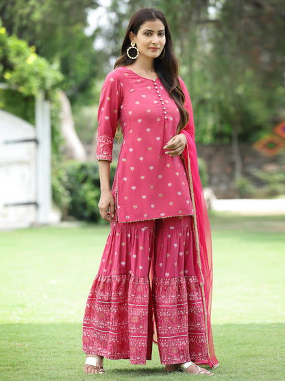 Fuchsia Mono Viscose Festive Embroidered Printed Straight Kurta Sharara Dupatta Set