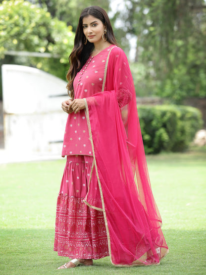 Fuchsia Mono Viscose Festive Embroidered Printed Straight Kurta Sharara Dupatta Set