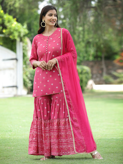Fuchsia Mono Viscose Festive Embroidered Printed Straight Kurta Sharara Dupatta Set