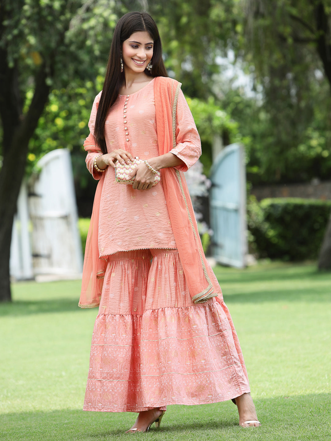 Peach Mono Viscose Festive Embroidered Printed Straight Kurta Sharara Dupatta Set