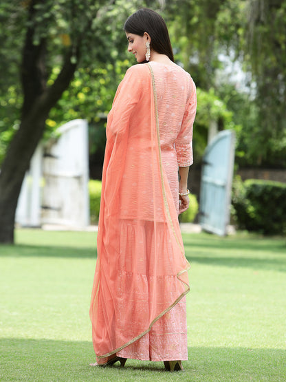 Peach Mono Viscose Festive Embroidered Printed Straight Kurta Sharara Dupatta Set