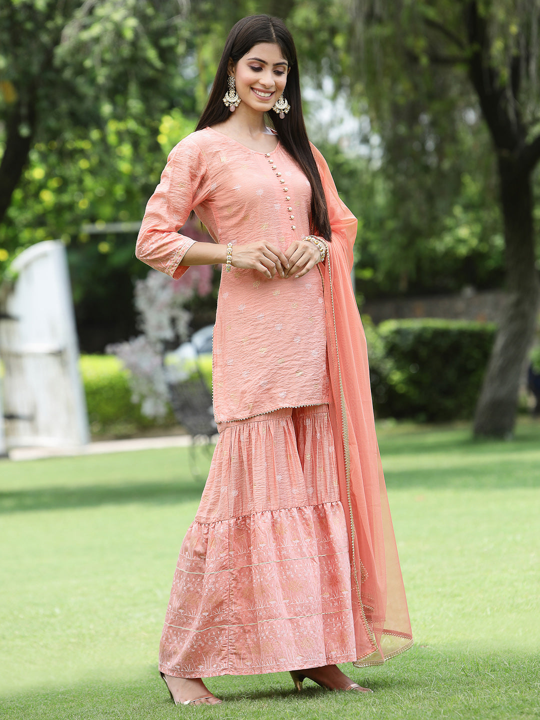 Peach Mono Viscose Festive Embroidered Printed Straight Kurta Sharara Dupatta Set