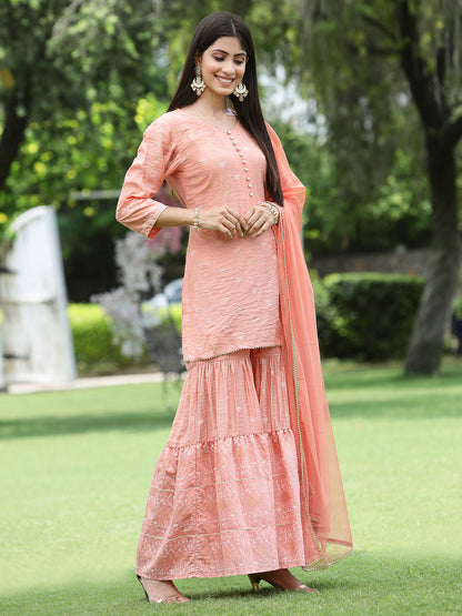 Peach Mono Viscose Festive Embroidered Printed Straight Kurta Sharara Dupatta Set