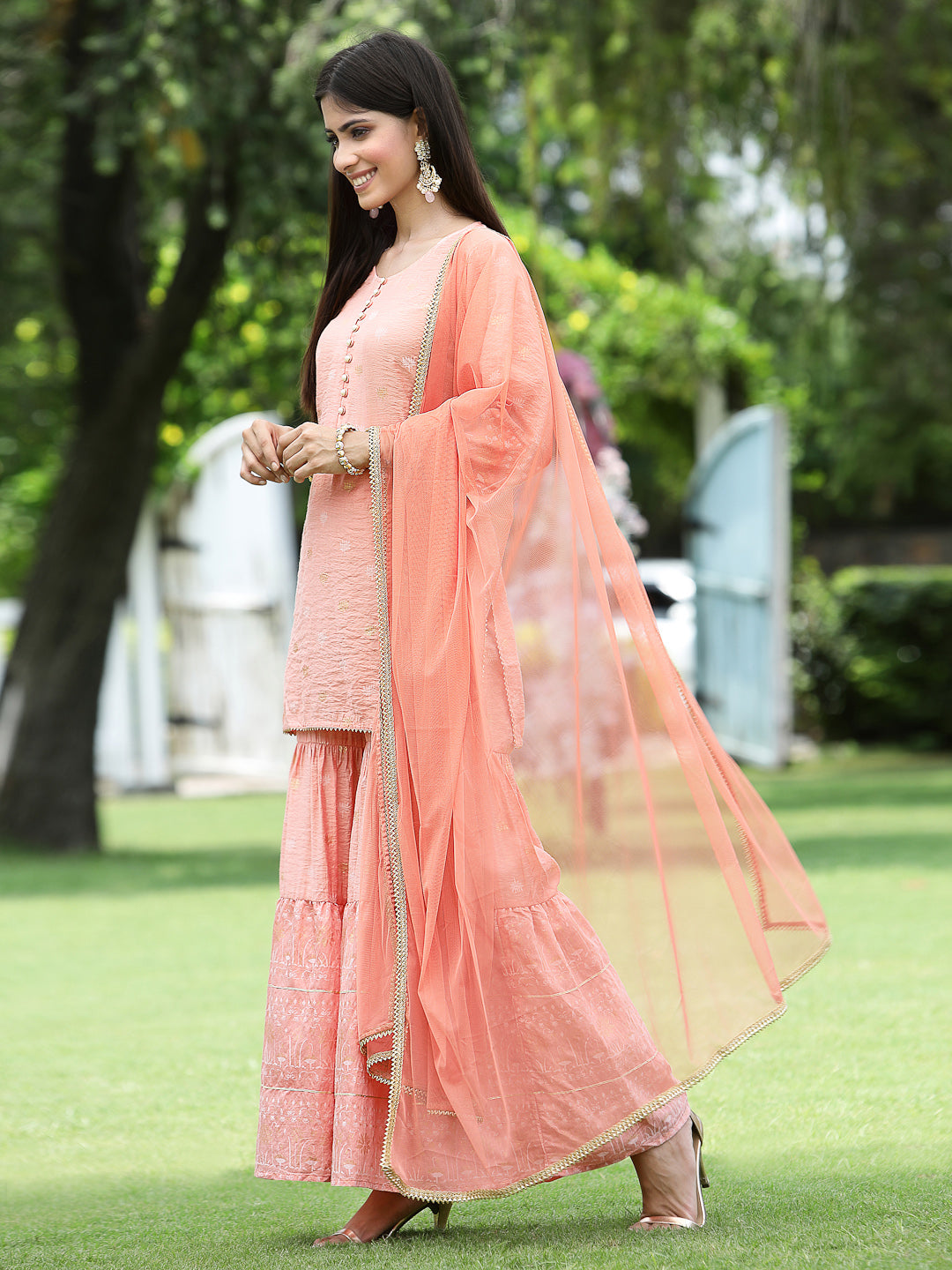 Peach Mono Viscose Festive Embroidered Printed Straight Kurta Sharara Dupatta Set