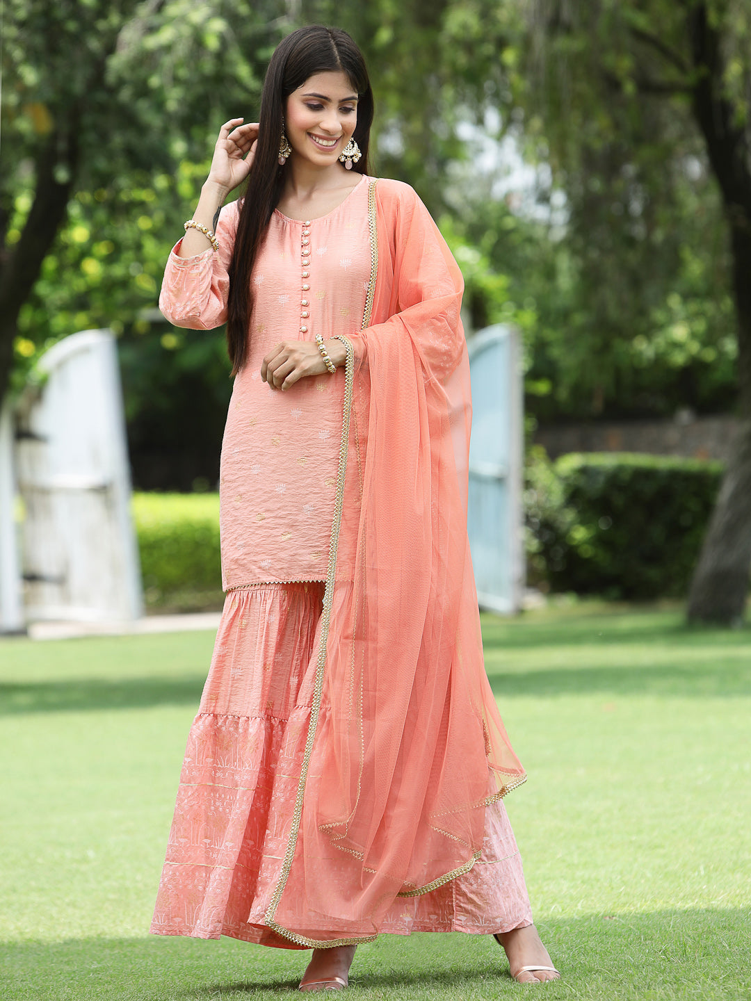 Peach Mono Viscose Festive Embroidered Printed Straight Kurta Sharara Dupatta Set