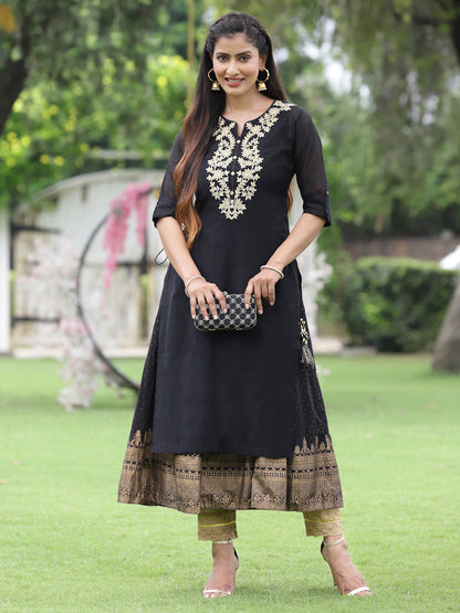 Black Chanderi Festive Embroidered + Printed Straight/Flared Kurta